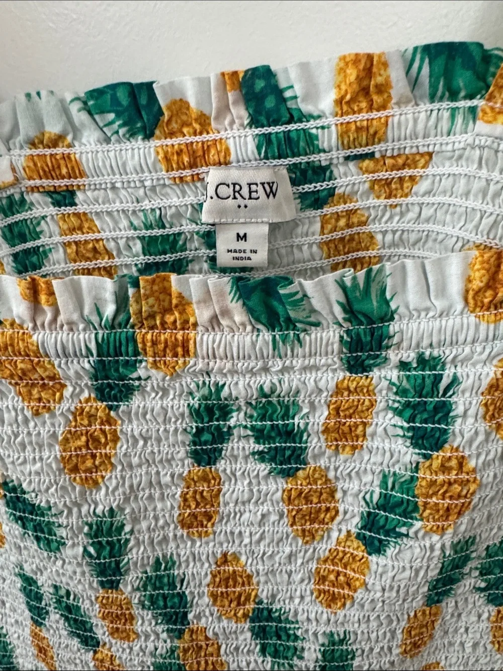 J. Crew White Pineapple Smocked Tie-Shoulder Top